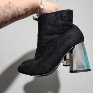 Boots Black Suede Ankle Boots with Silver Block Heel